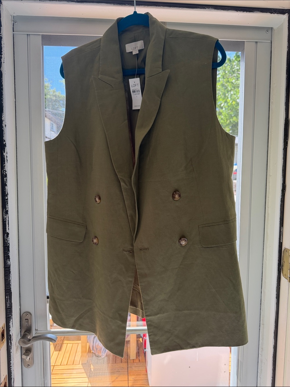 LOFT Olive Green Sleeveless Double-Breasted Blazer Vest